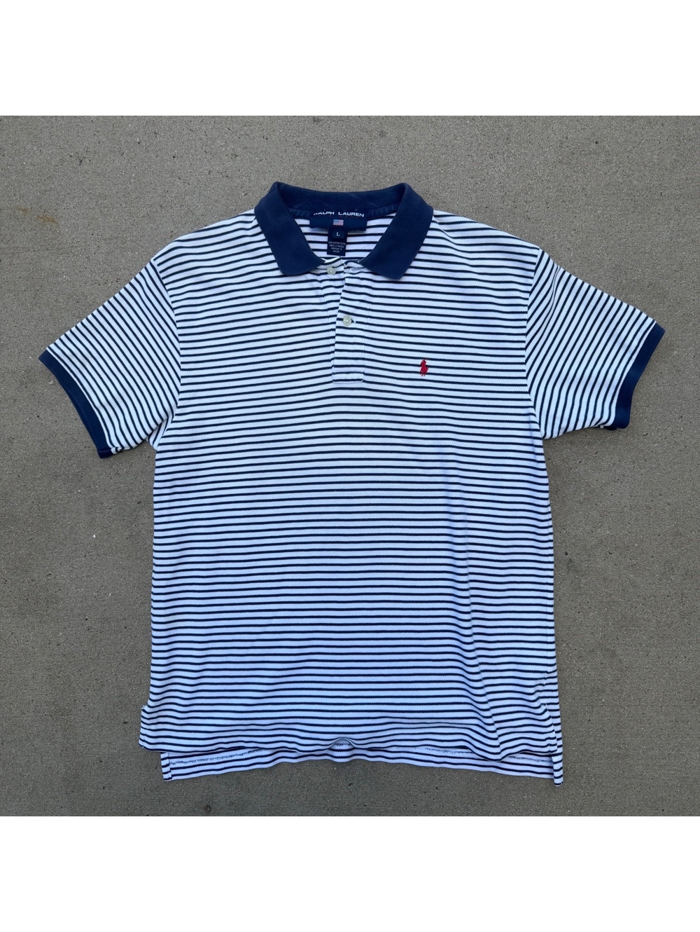 Ralph Lauren Polo Sport Mens Large Striped Cotton Polo Shirt Navy White